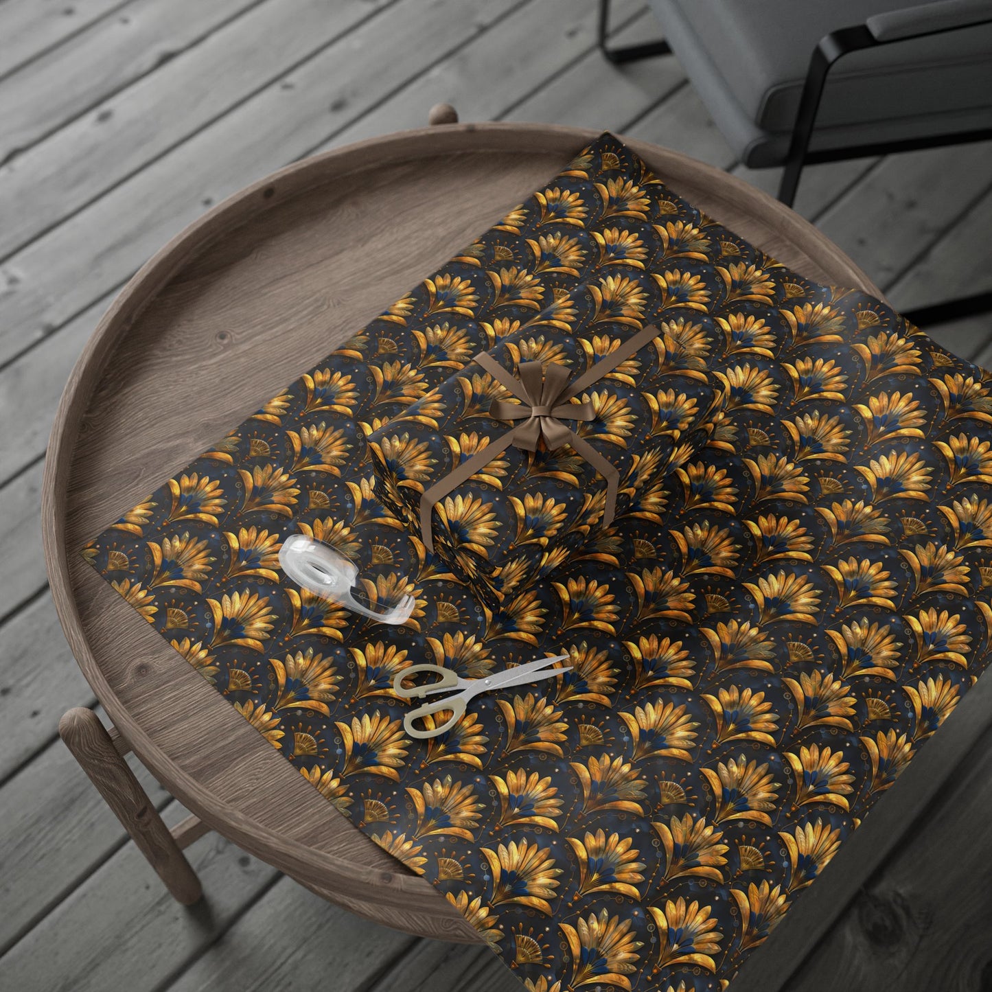 Opulent Art Deco Wrapping Paper – Gold Fan Petals with Blue Accents