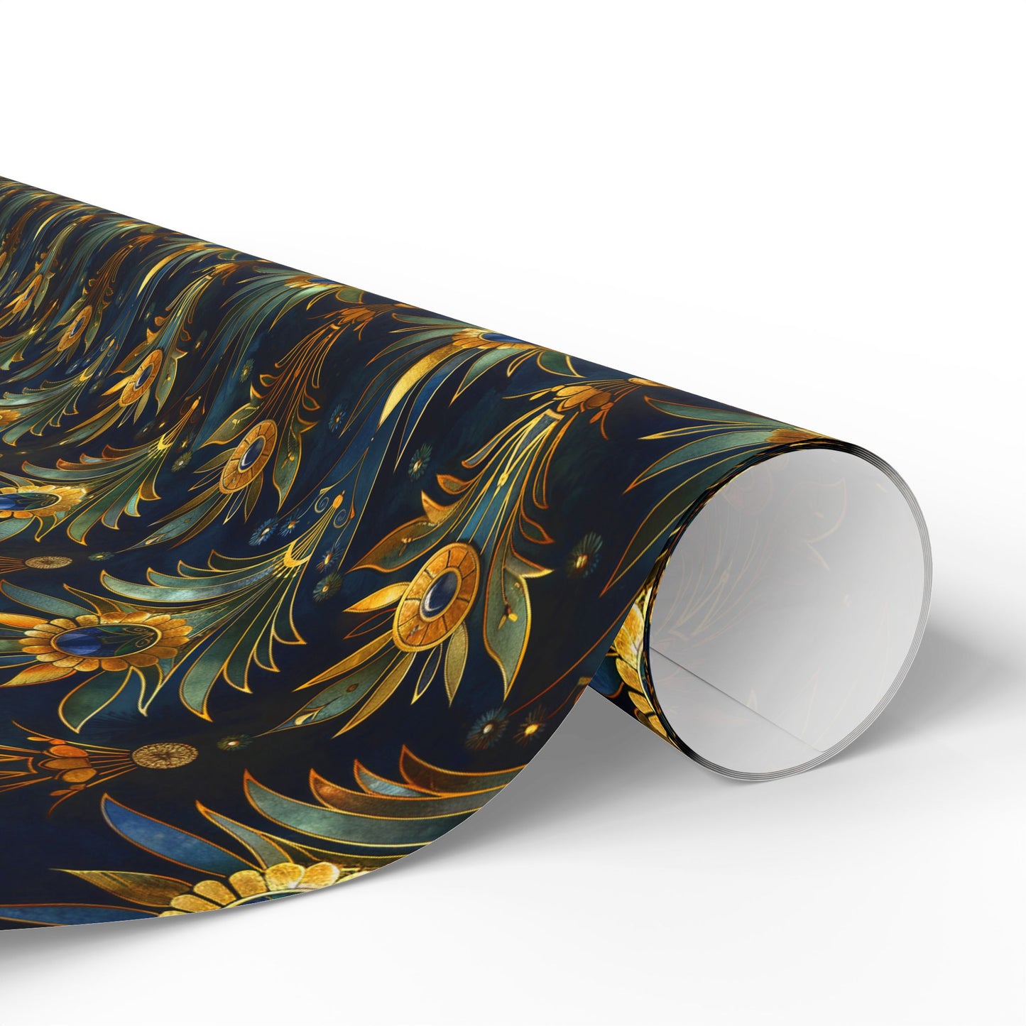 Luxury Art Deco Wrapping Paper – Gold Petal and Blue Gem Floral Pattern
