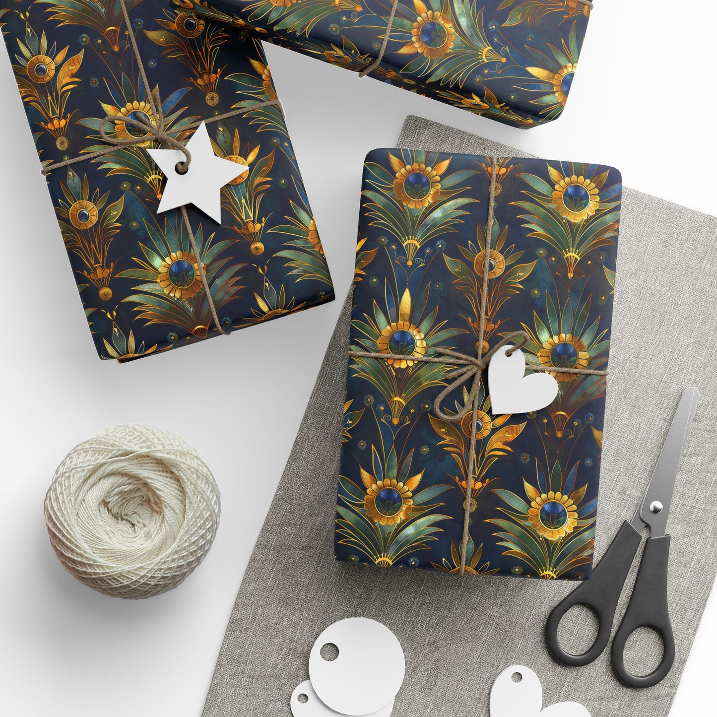 Luxury Art Deco Wrapping Paper – Gold Petal and Blue Gem Floral Pattern
