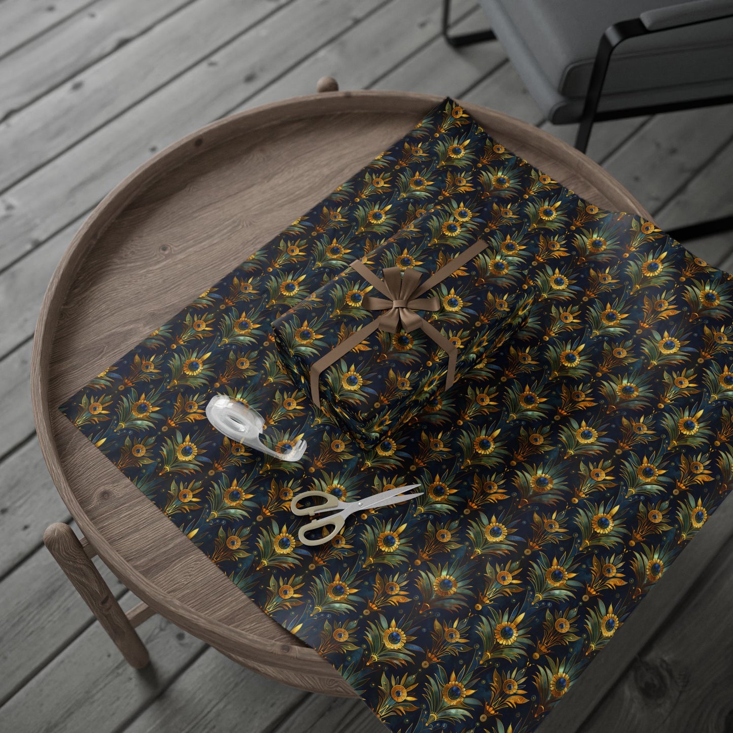 Luxury Art Deco Wrapping Paper – Gold Petal and Blue Gem Floral Pattern