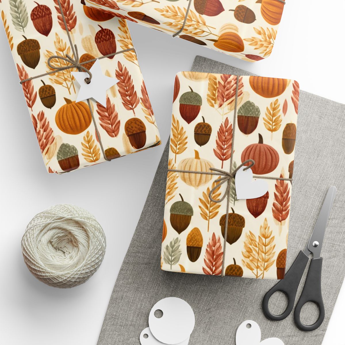 Harvest Grid Wrapping Paper | Mid-Century Modern Wheat & Gourd Pattern | All-Season Gift Wrap