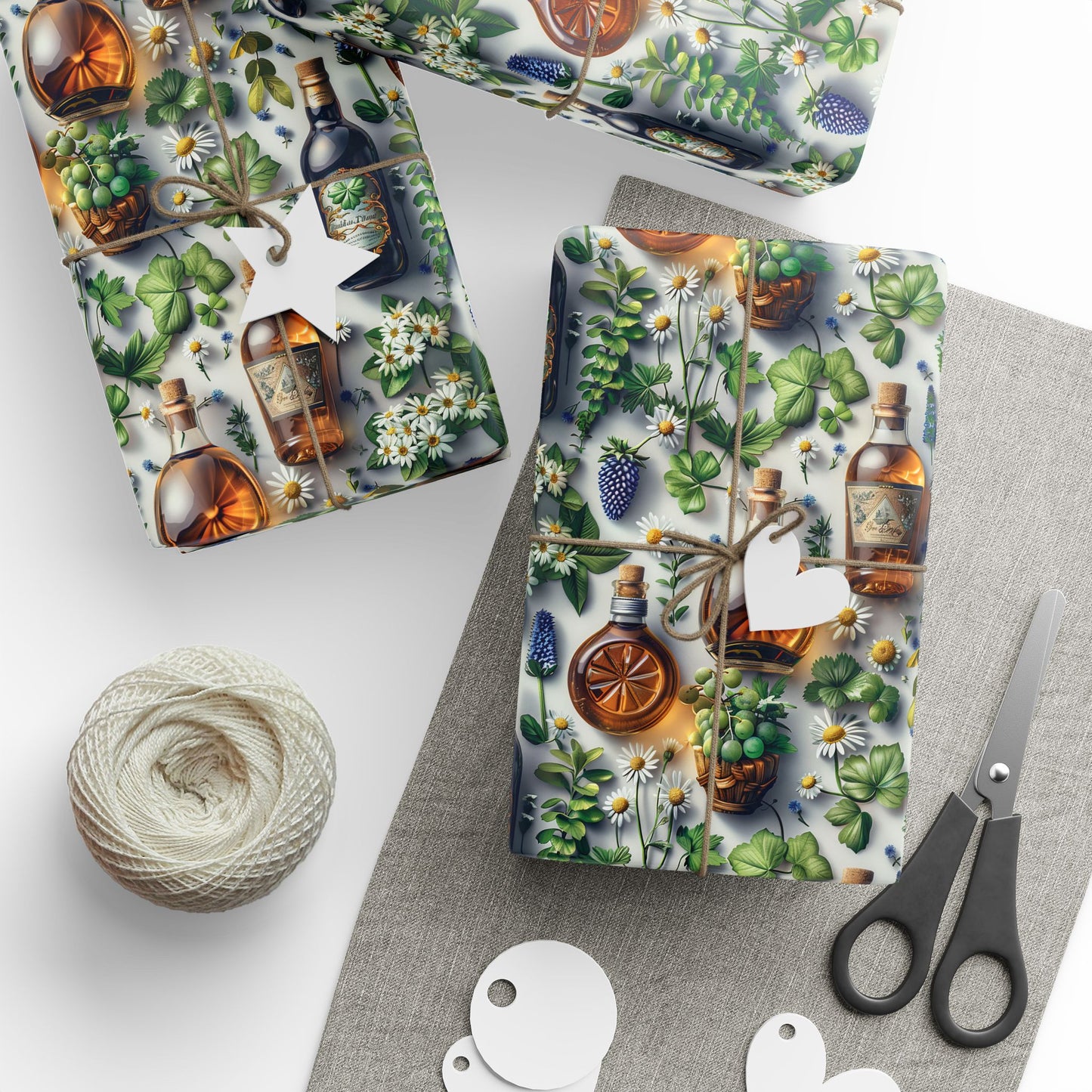 Vintage Botanical Gift Wrap with Flowers & Spirits Bottles