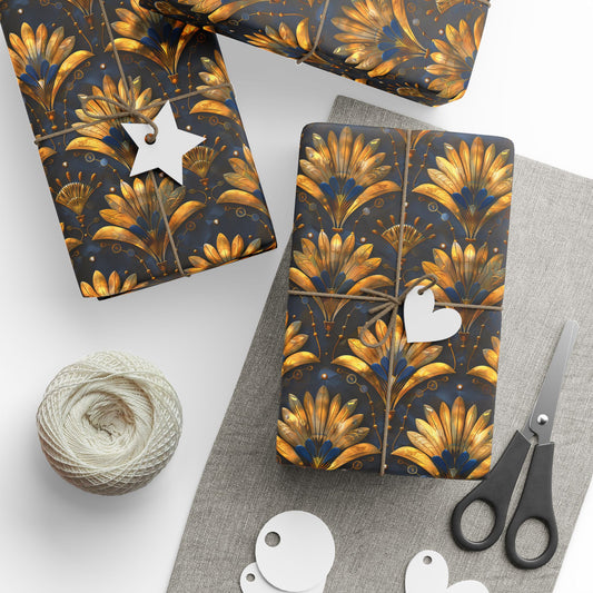 Opulent Art Deco Wrapping Paper – Gold Fan Petals with Blue Accents