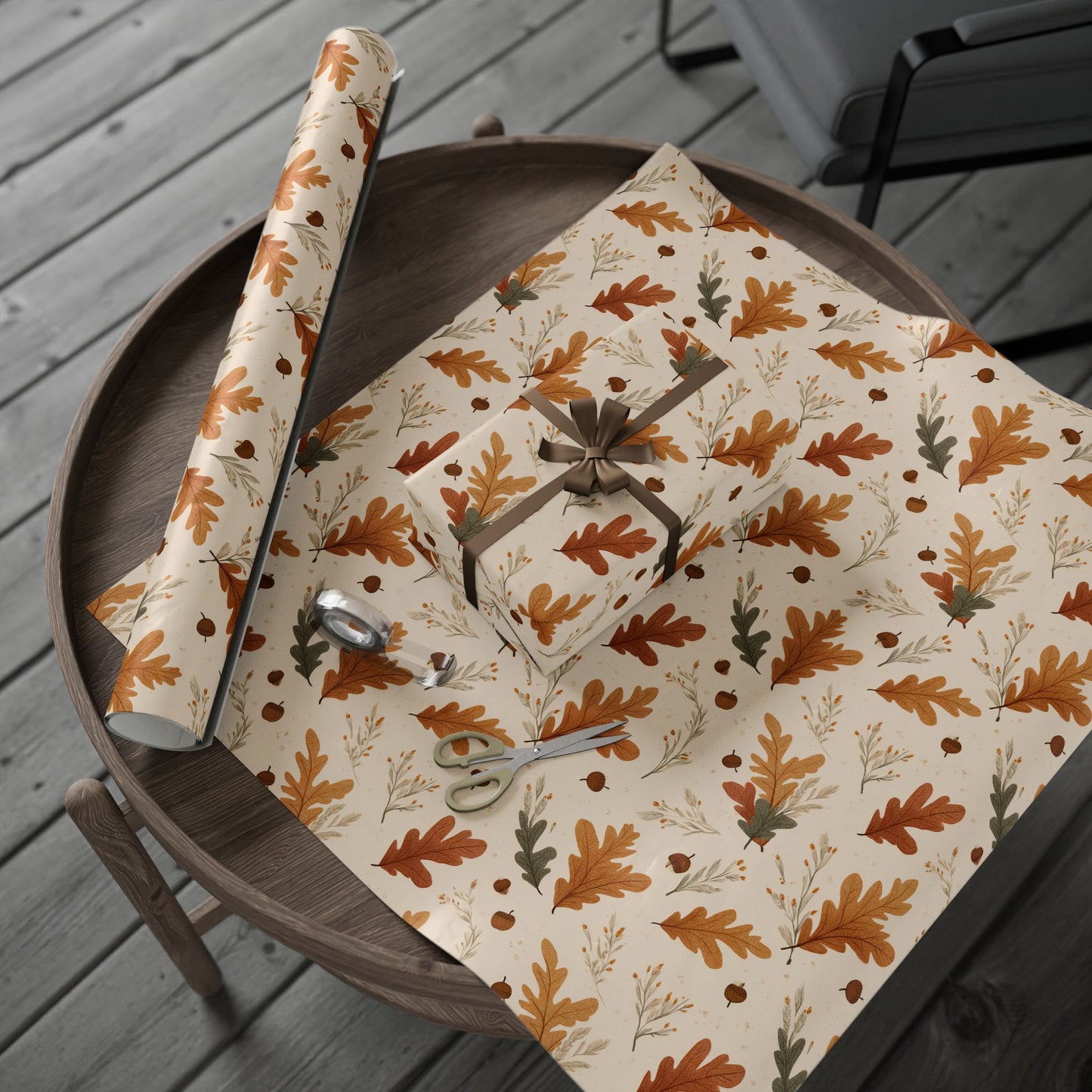 Fall Botanical Wrapping Paper — Oak Leaves, Acorns & Wheat | Autumn Gift Wrap