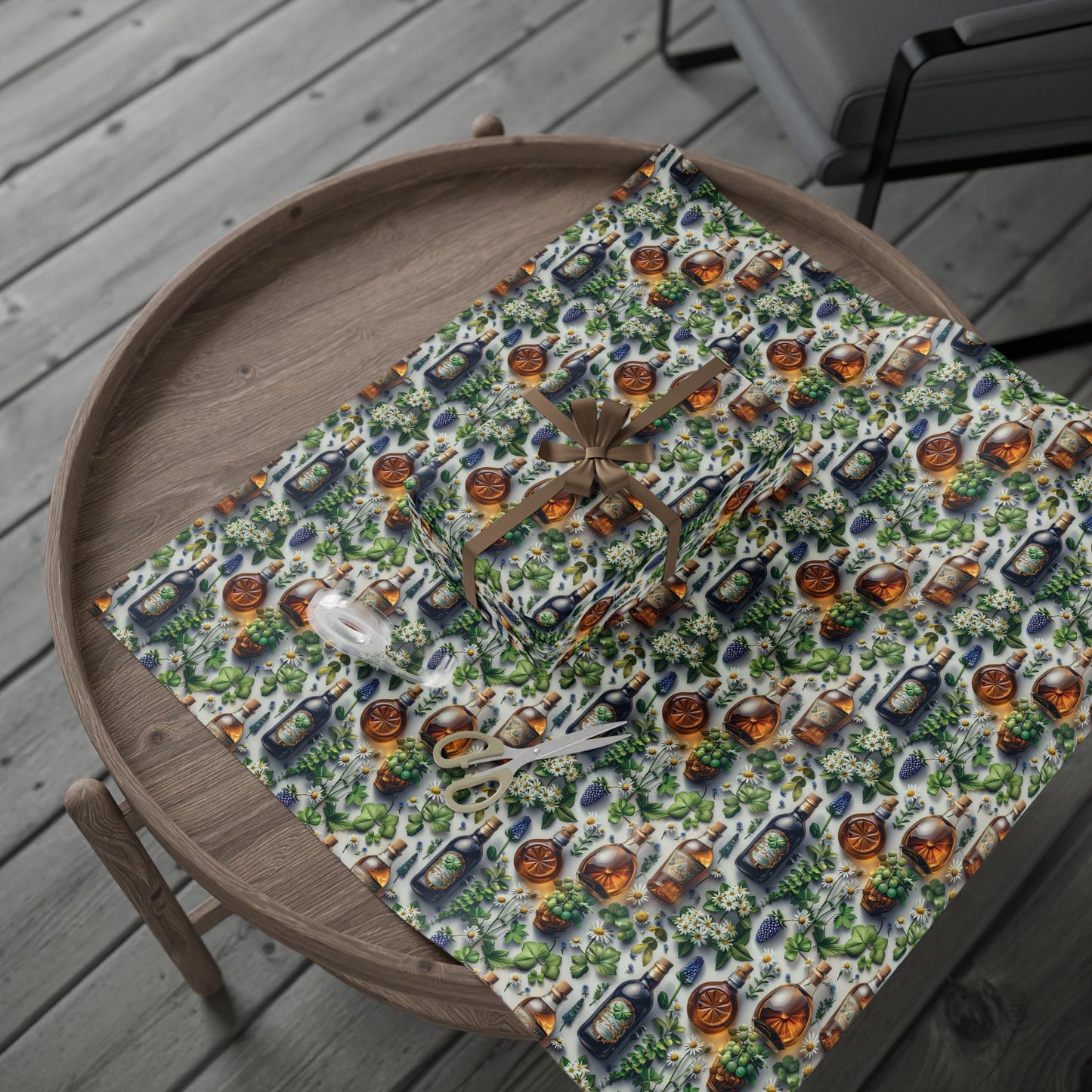 Vintage Botanical Gift Wrap with Flowers & Spirits Bottles