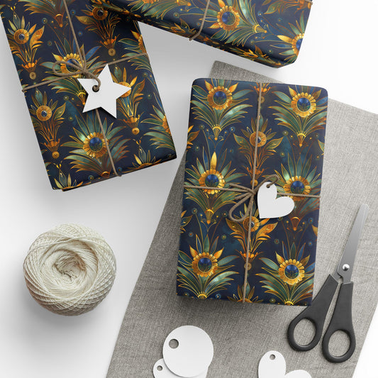 Luxury Art Deco Wrapping Paper – Gold Petal and Blue Gem Floral Pattern