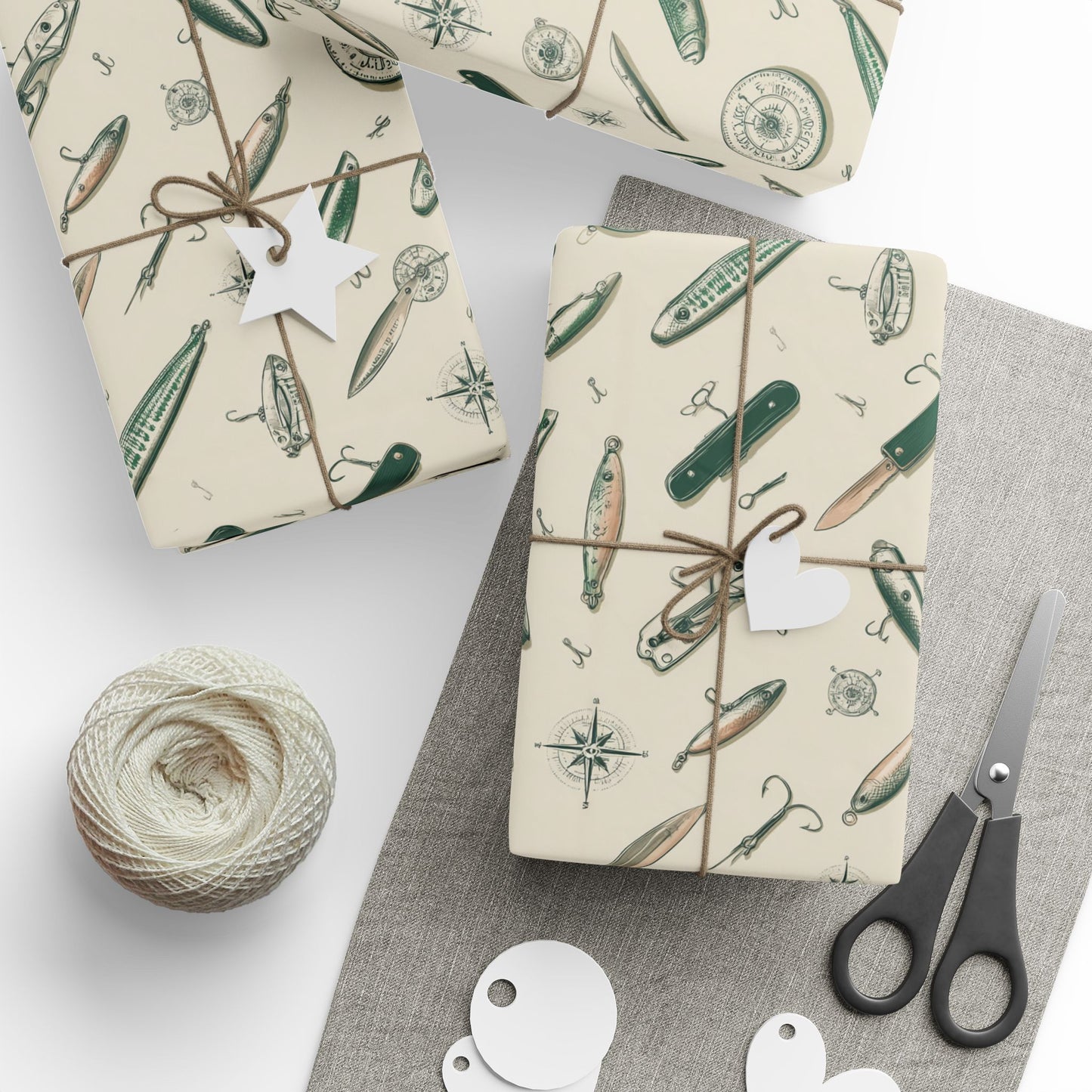 Outdoor Adventure Wrapping Paper — Fishing Lures, Compasses & Pocket Knives | Father's Day Gift Wrap