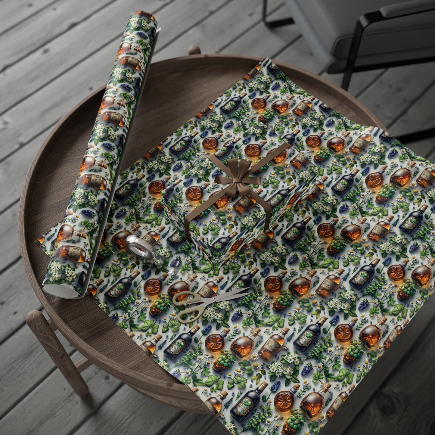 Vintage Botanical Gift Wrap with Flowers & Spirits Bottles