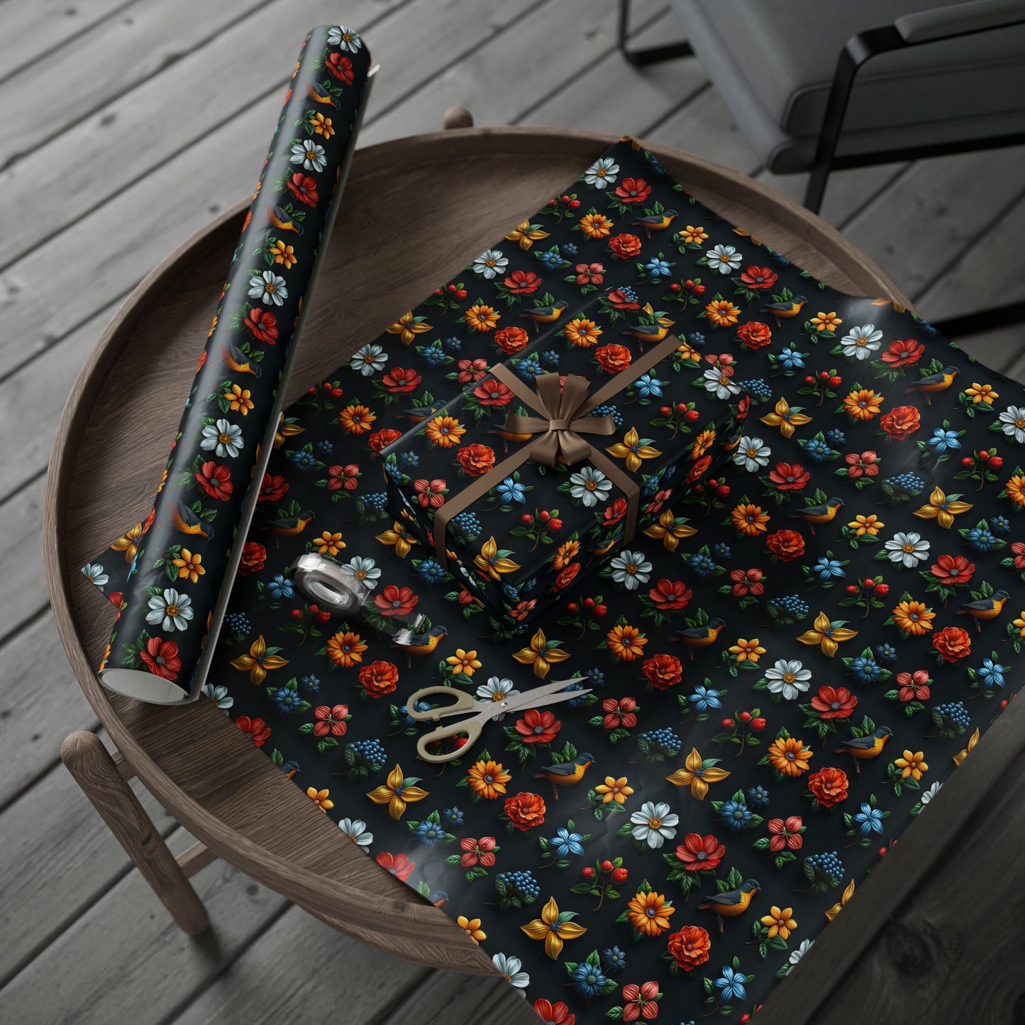 Flowers on Black Wrapping Paper