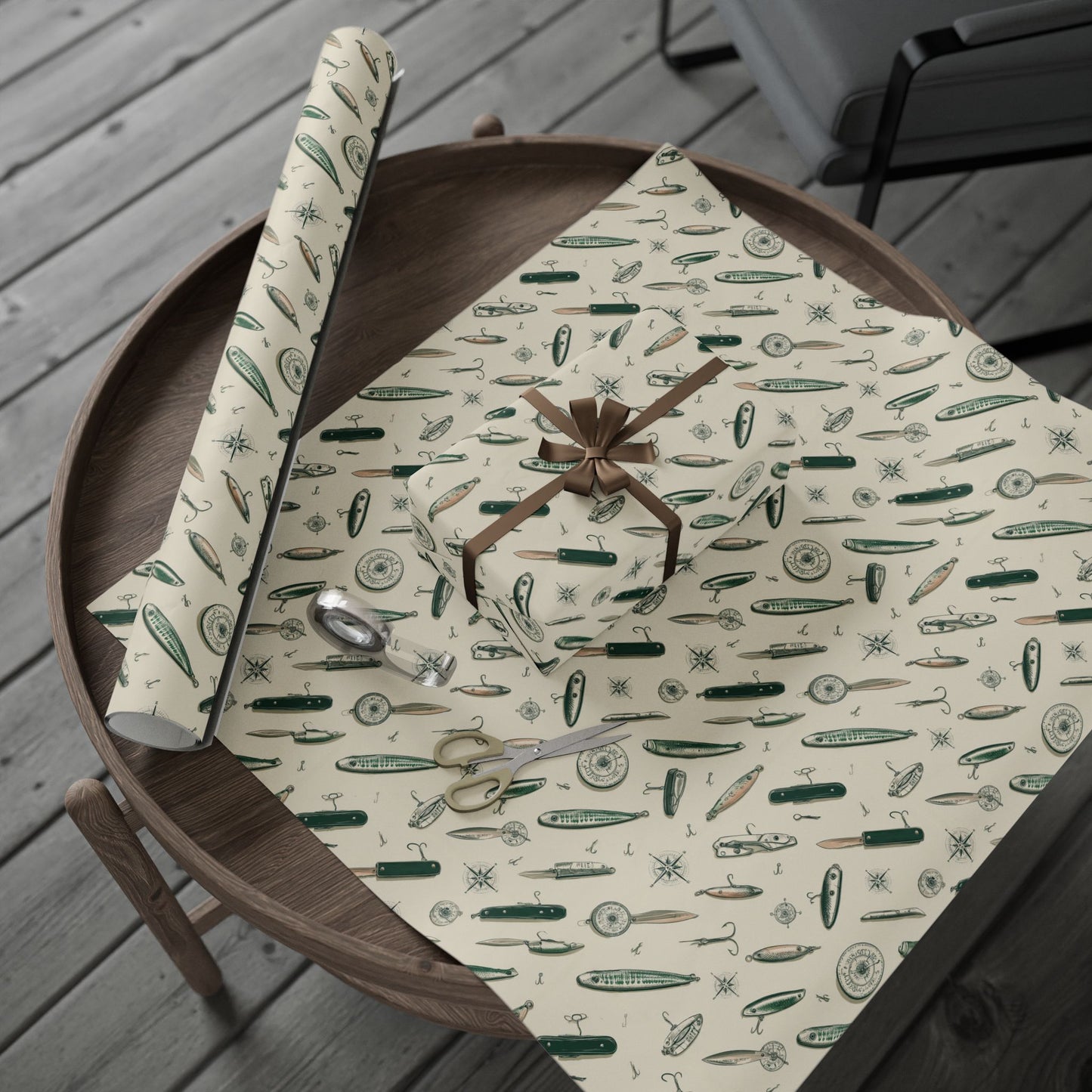 Outdoor Adventure Wrapping Paper — Fishing Lures, Compasses & Pocket Knives | Father's Day Gift Wrap