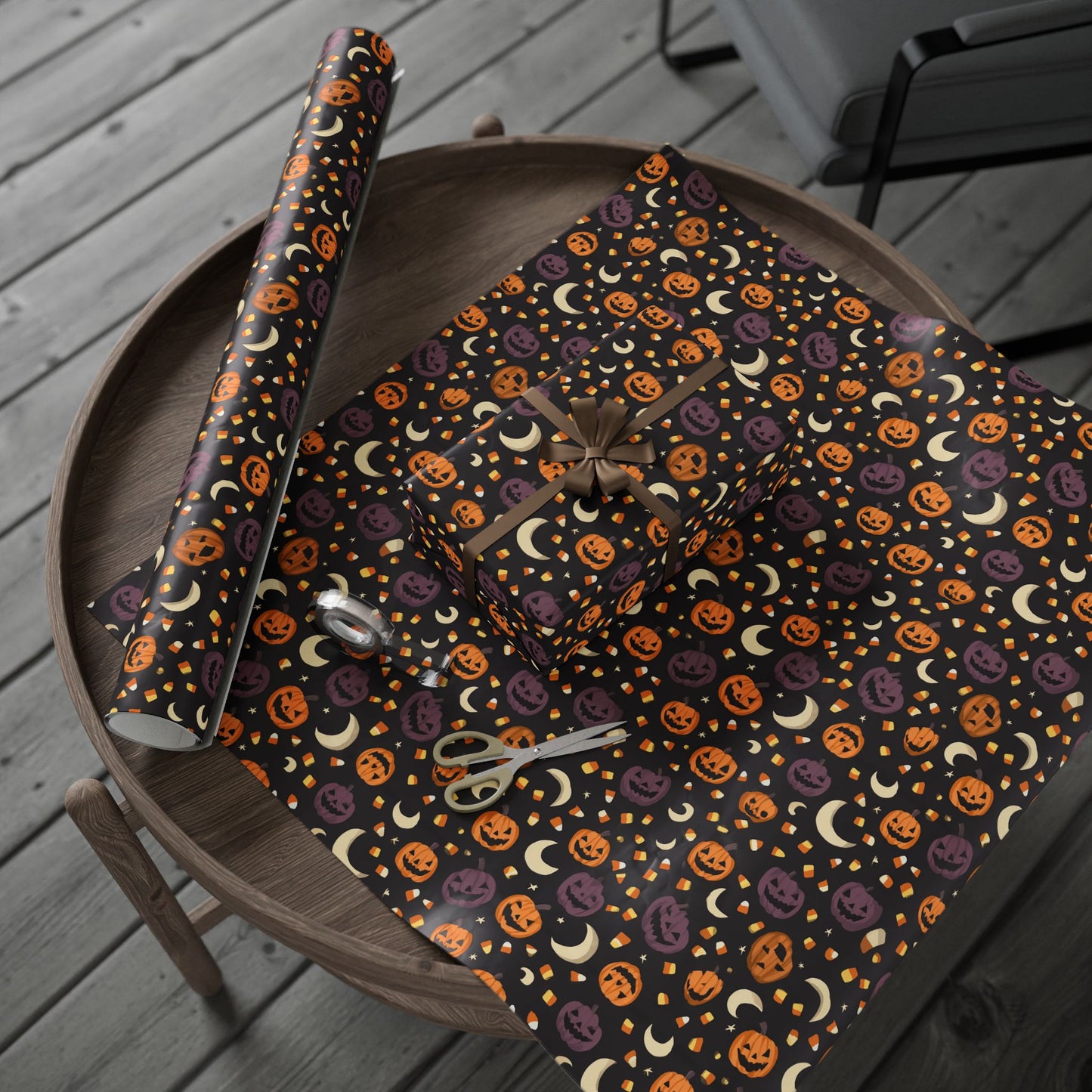Halloween Wrapping Paper — Jack-o-Lanterns, Candy Corn & Moons | Spooky Gift Wrap