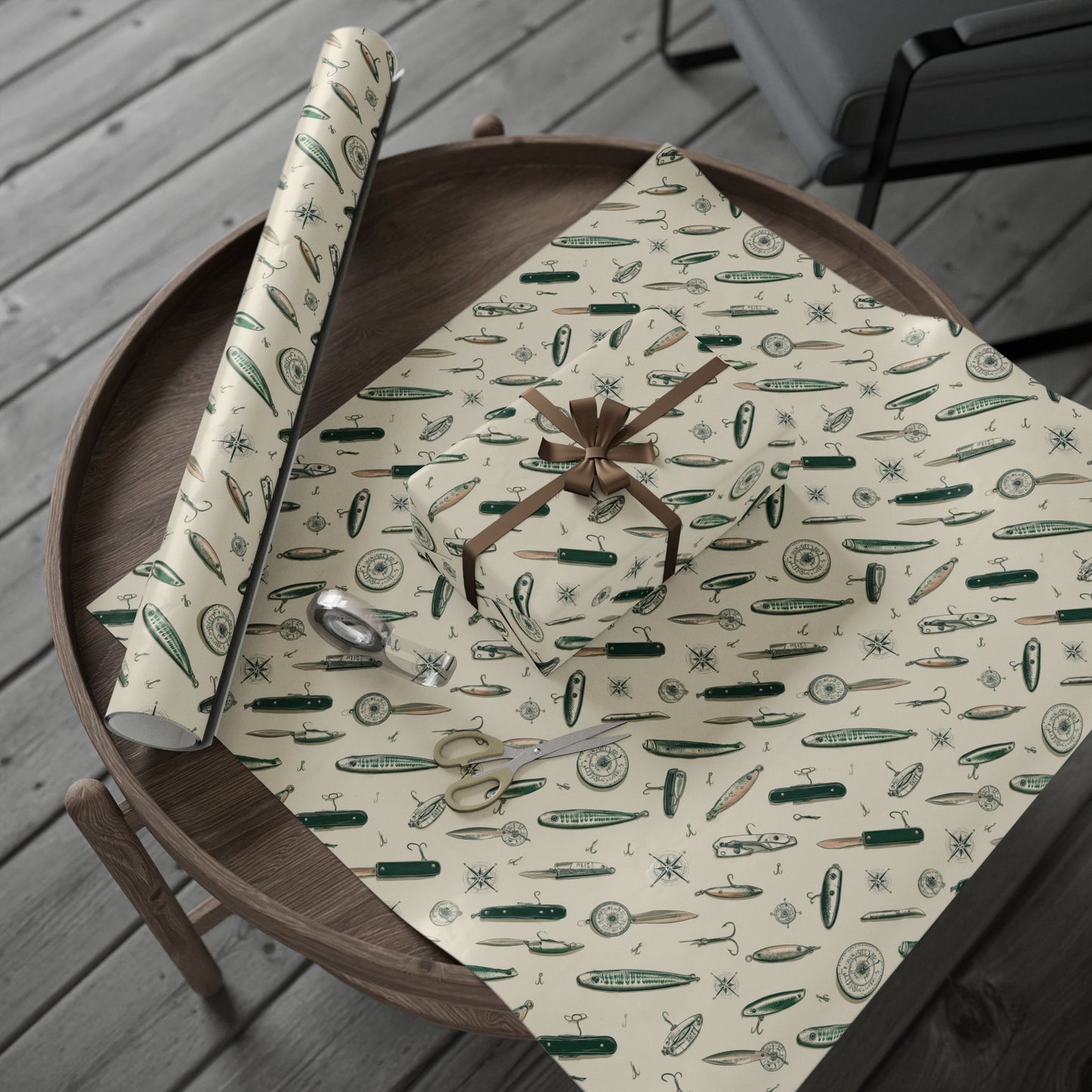 Outdoor Adventure Wrapping Paper — Fishing Lures, Compasses & Pocket Knives | Father's Day Gift Wrap