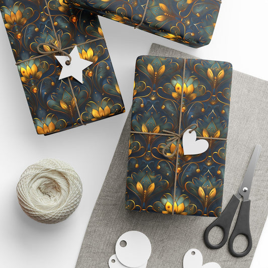 Glamorous Art Deco – Gold Floral Motifs on Teal Background