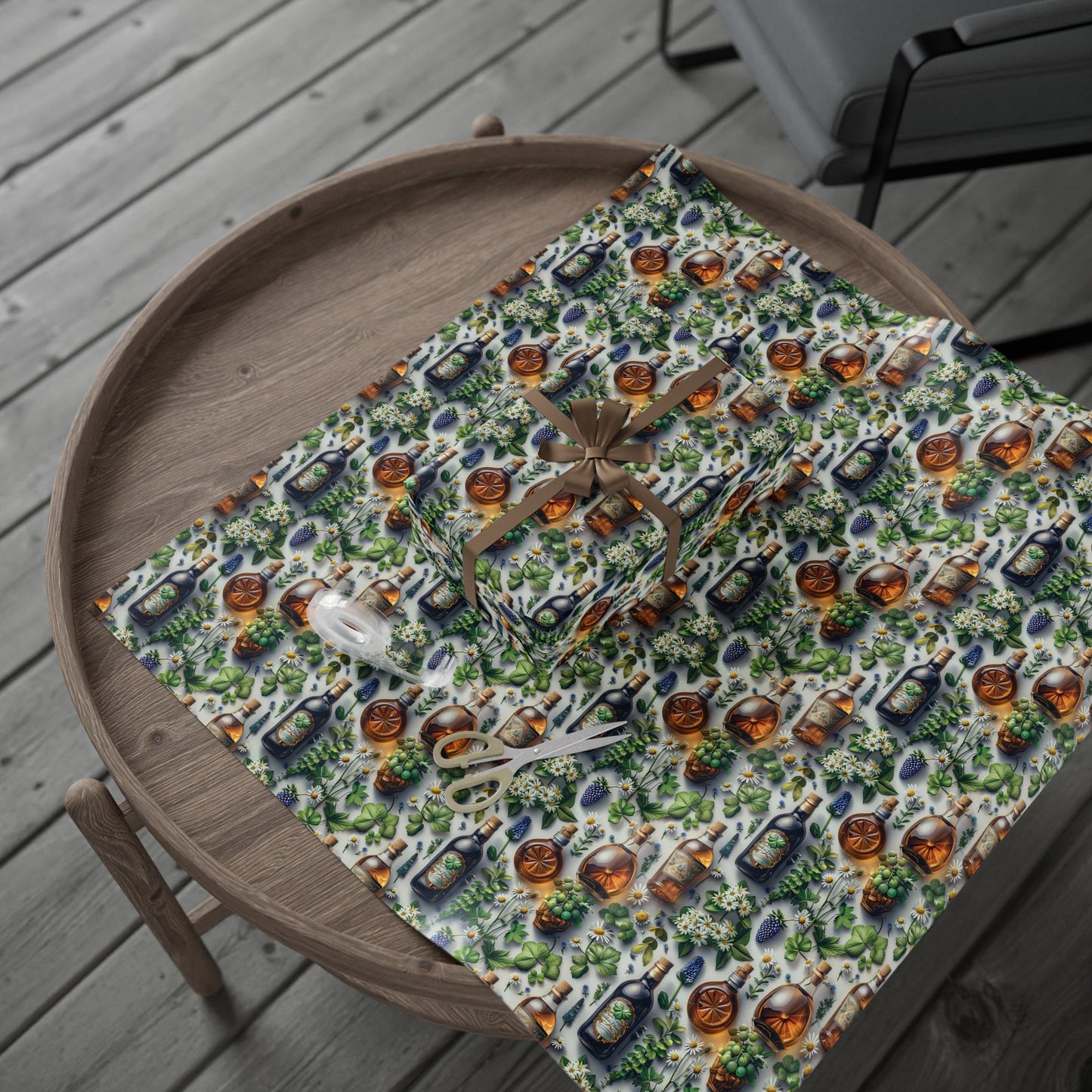 Vintage Botanical Gift Wrap with Flowers & Spirits Bottles