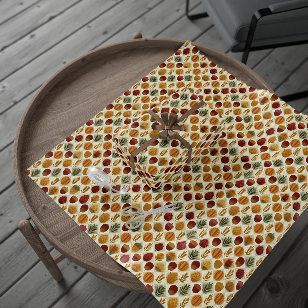 Harvest Grid Wrapping Paper | Mid-Century Modern Wheat & Gourd Pattern | All-Season Gift Wrap