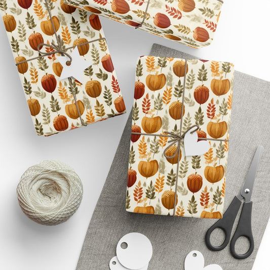 Harvest Grid Wrapping Paper | Mid-Century Modern Wheat & Gourd Pattern | All-Season Gift Wrap